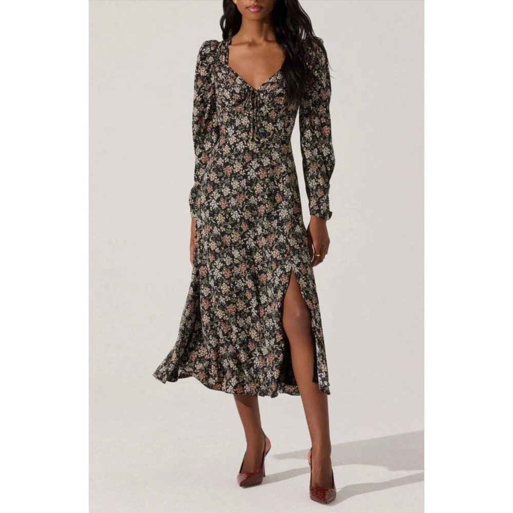 ASTR‎ The Label Dress Womens Medium Black Floral Sweetheart Midi Puff Sleeve